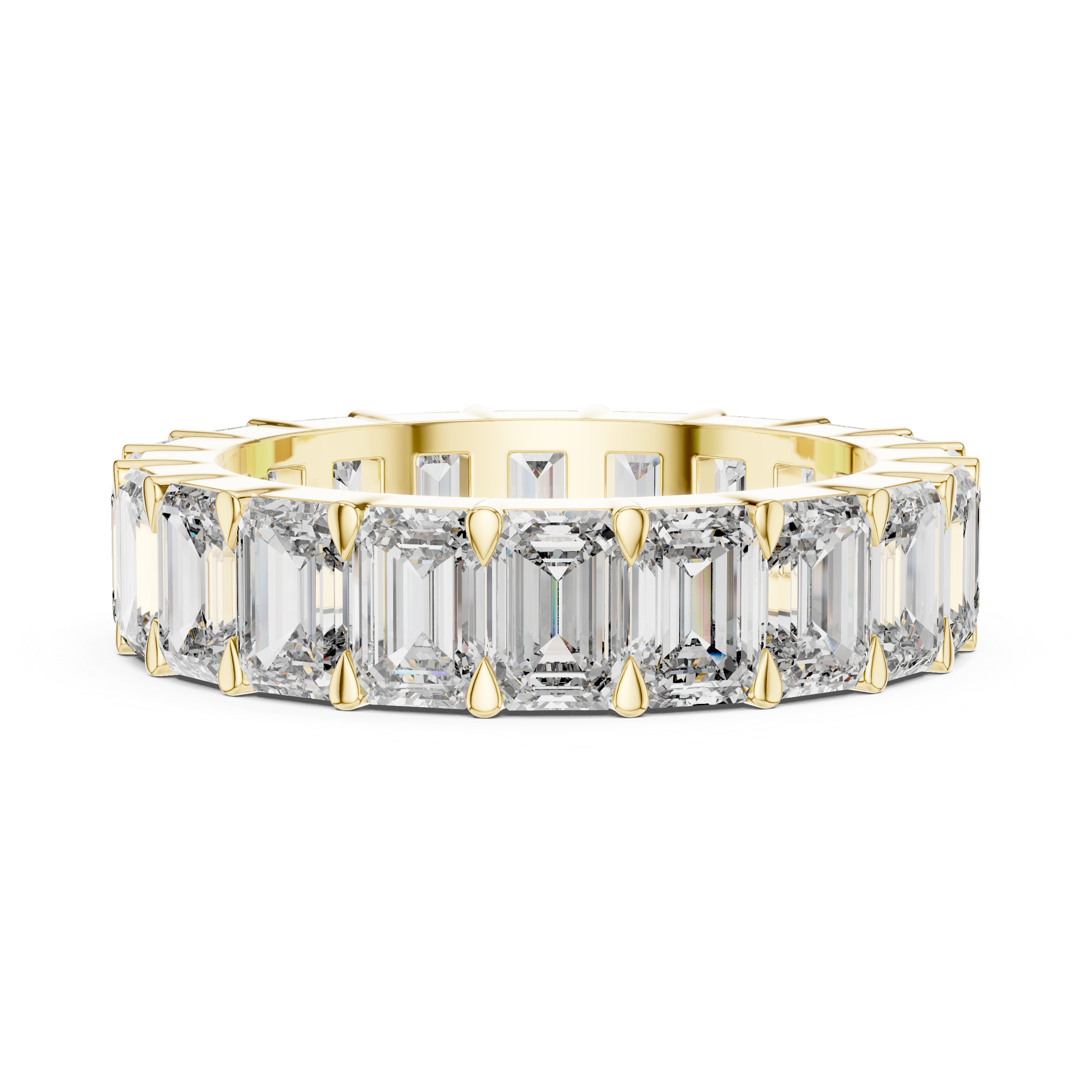 Gold ring with emerald-cut diamonds on a white background